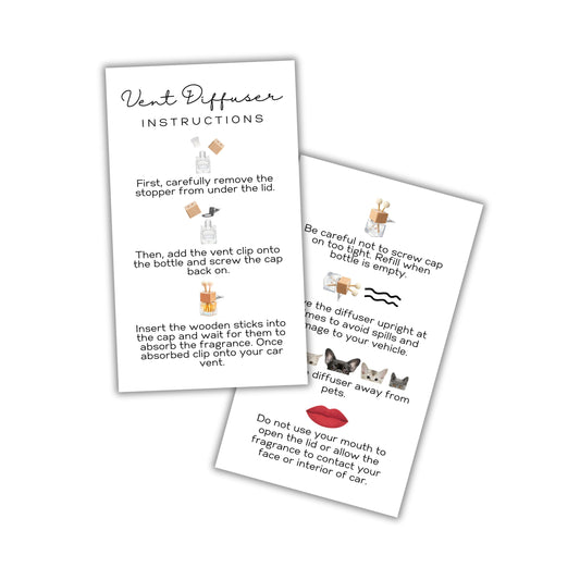 Car Vent Wood Diffuser Care Card | 50 Pack 2x3.5 inches Cards