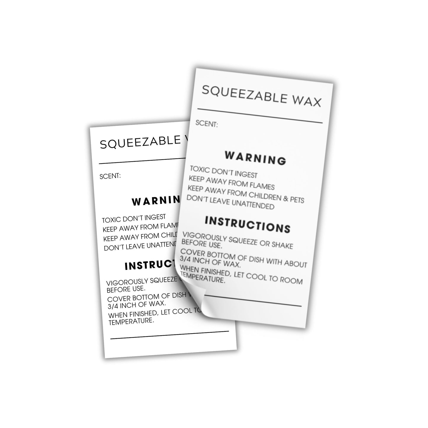 Squeezable Squeezy Wax Instruction Stickers | 250 pc per Roll 2x3.5” Minimalist Warning Labels for Warmer How to Use Liquid Scent Write in