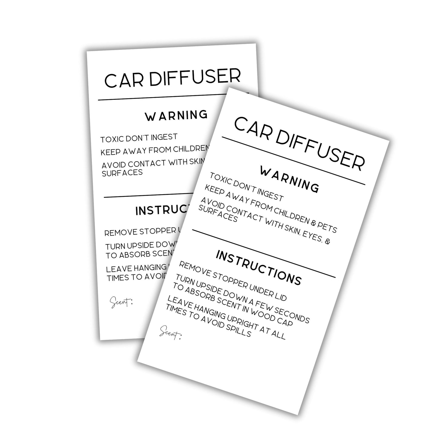 Car Oil Diffuser Vent Warning Labels and Instruction Cards | 50 pk 3.5 x 2”