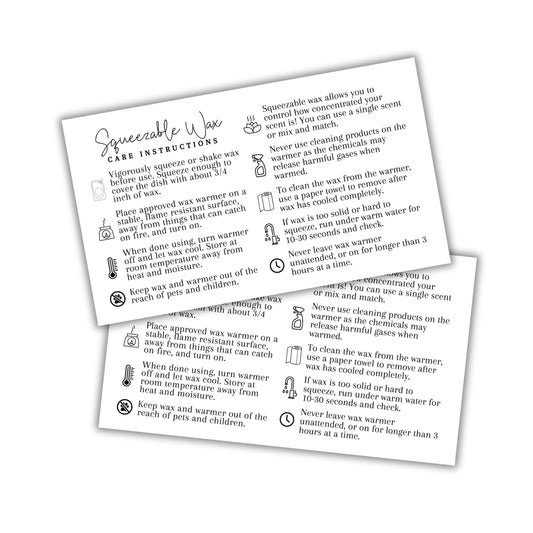 Squeezable Wax Squeezy Care Instruction Cards | 50 pk 3.5x2”