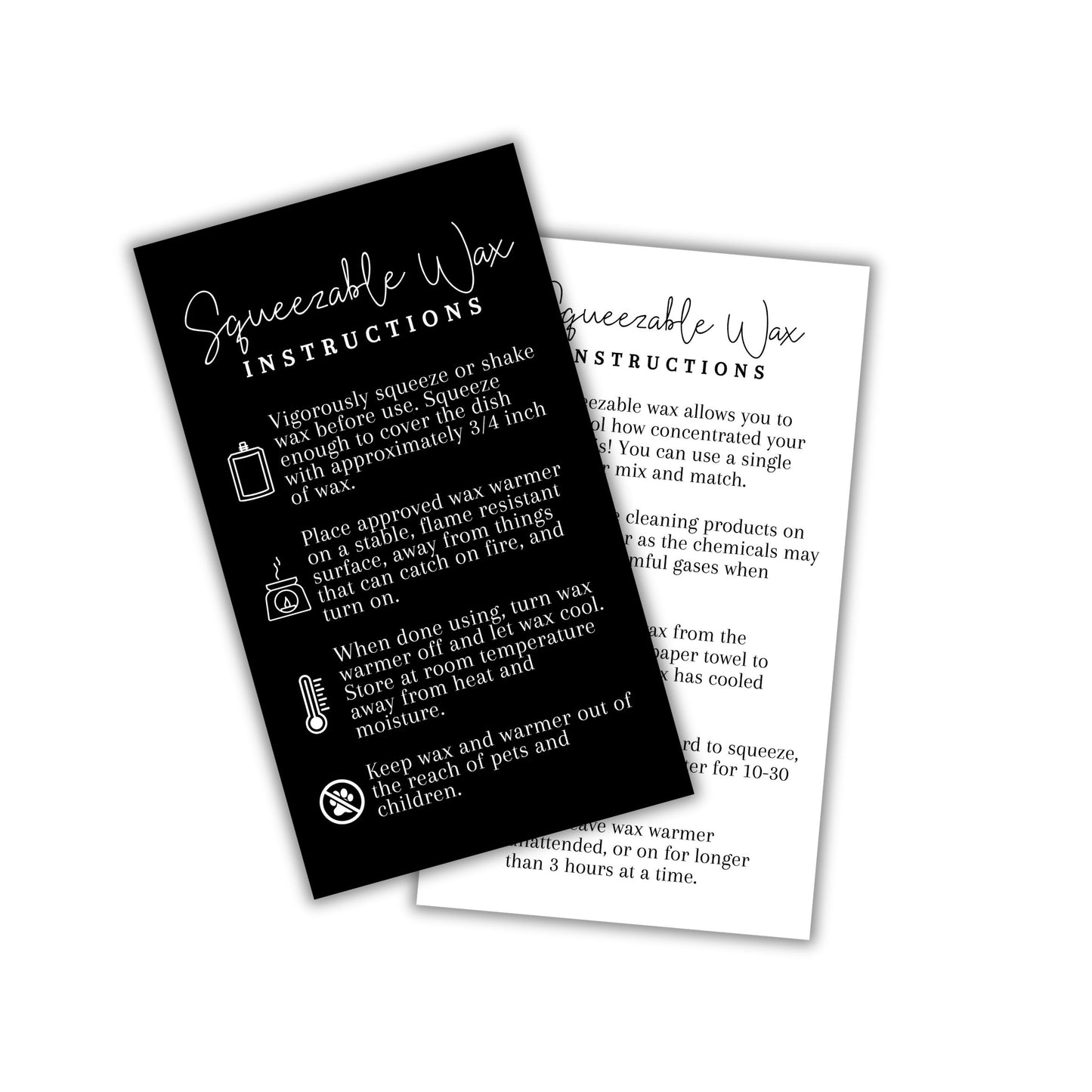 Squeezy Squeezable Wax Bottle Care Instruction Cards | 50 pk 3.5 x 2”