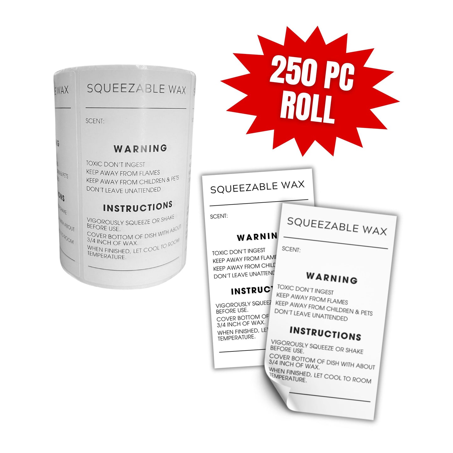 Squeezable Squeezy Wax Instruction Stickers | 250 pc per Roll 2x3.5” Minimalist Warning Labels for Warmer How to Use Liquid Scent Write in