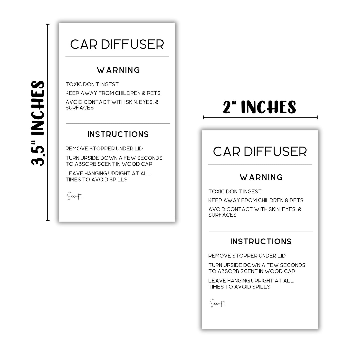 Car Oil Diffuser Vent Warning Labels and Instruction Cards | 50 pk 3.5 x 2”