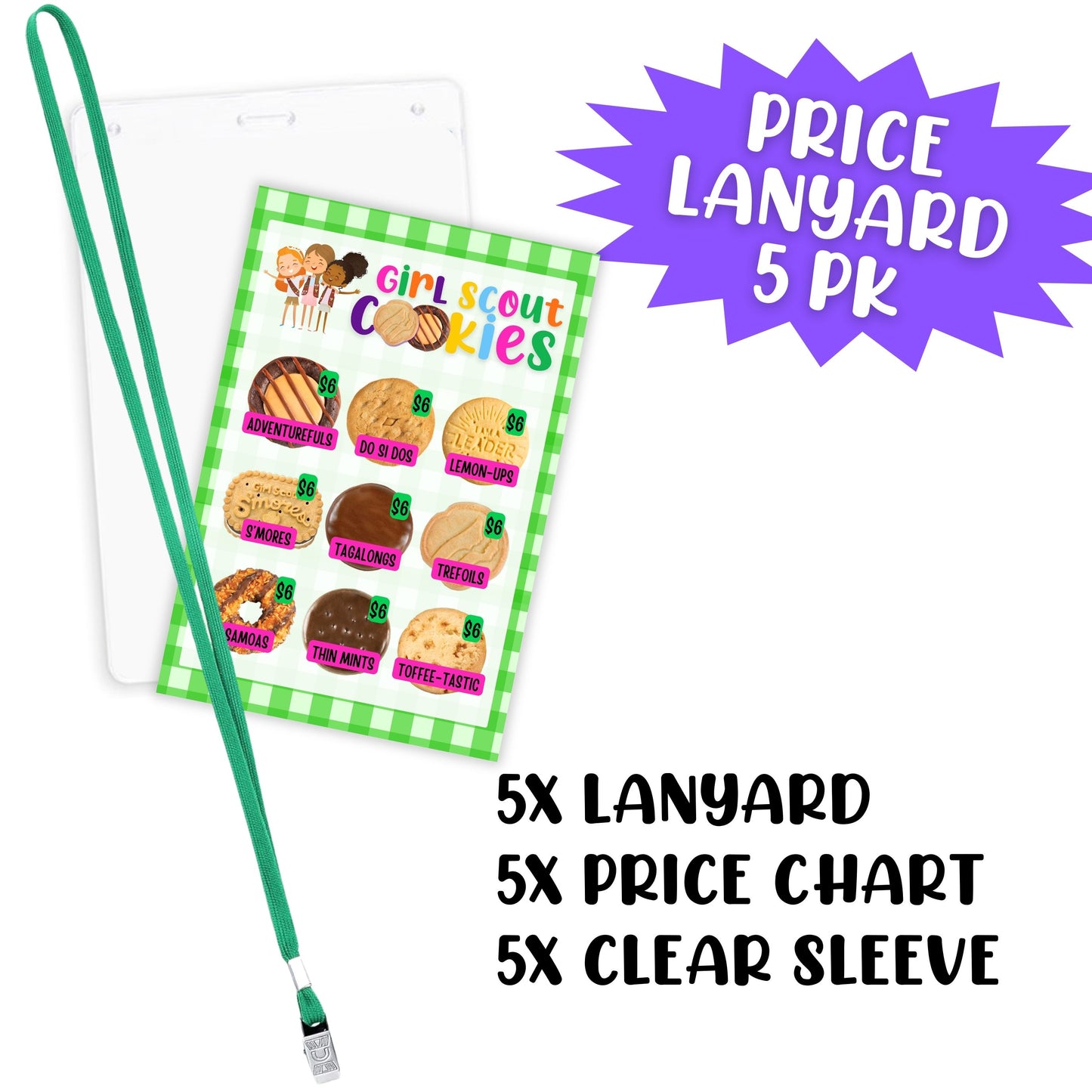 Scout Cookie Price List Reference Girl Cookie Booth Lanyard | 5 pk 4x6” in Clear Sleeve with Green Lanyard Sales Tracker Sold Here Cookies Stop Sign Door Hanger