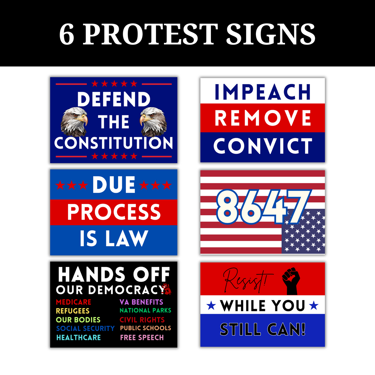 Protest Signs Anti Trump to Carry at Rallies 6pk 12x18” 8647 Resist Hands Off Due Process is Law Defend Constitution Impeach Remove Convict