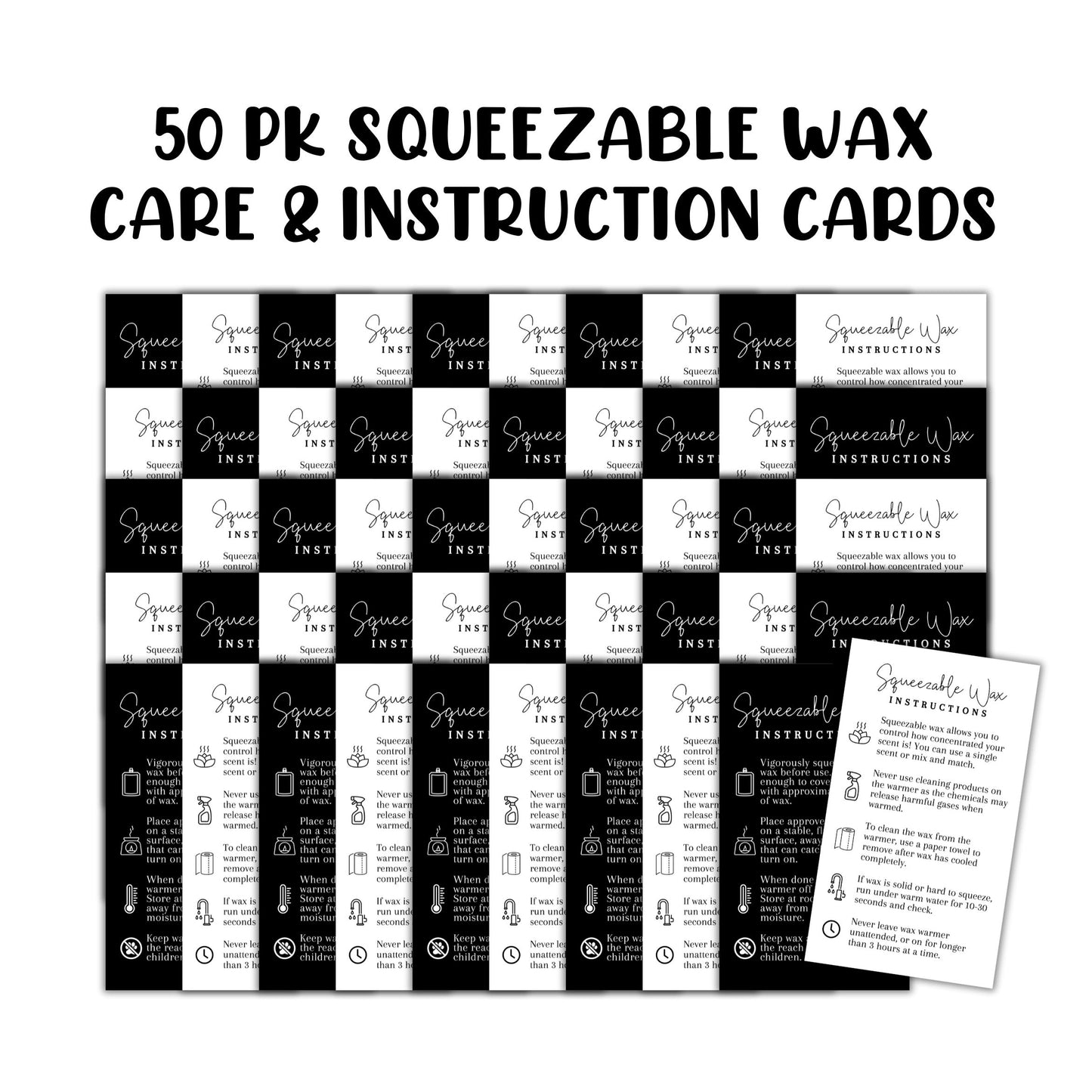 Squeezy Squeezable Wax Bottle Care Instruction Cards | 50 pk 3.5 x 2”