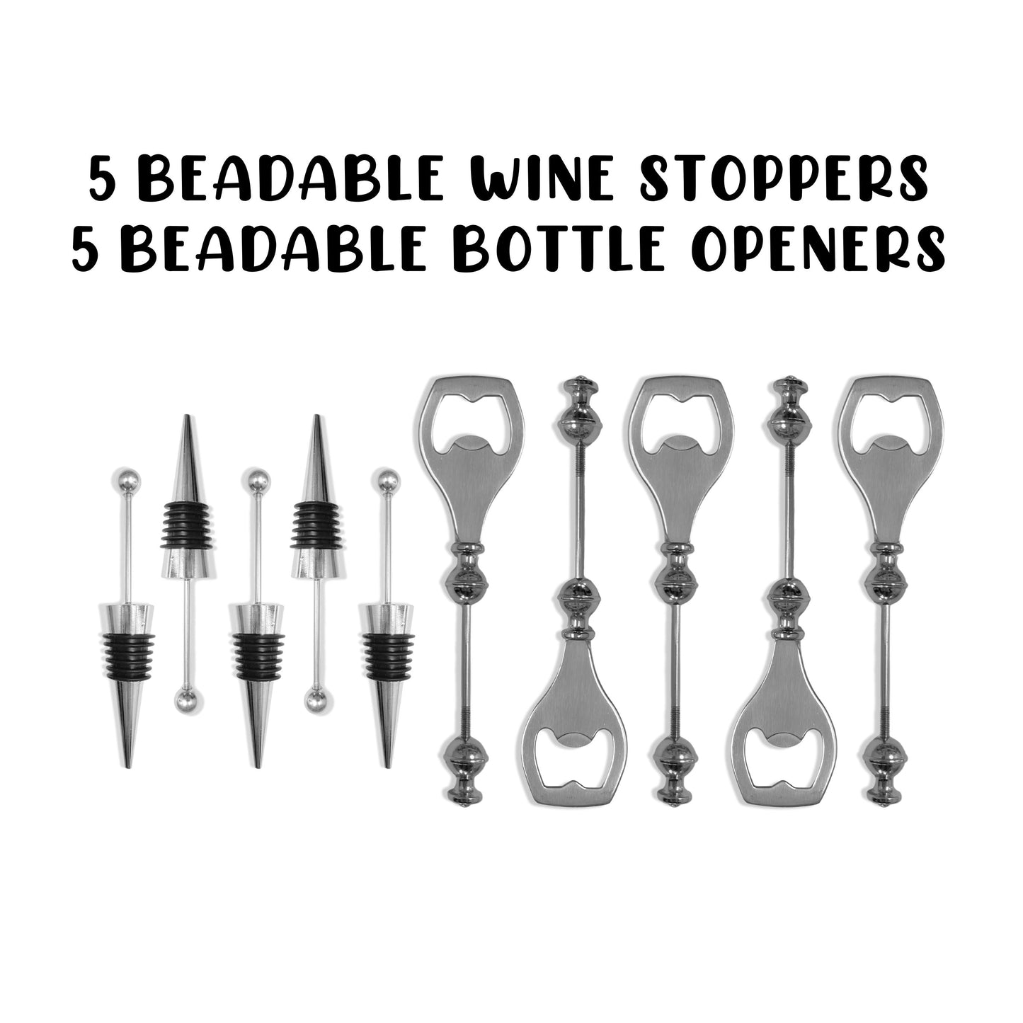 Beadable Bottle Opener and Wine Stopper Silver Stainless Steel 10 pk, 5 of Each
