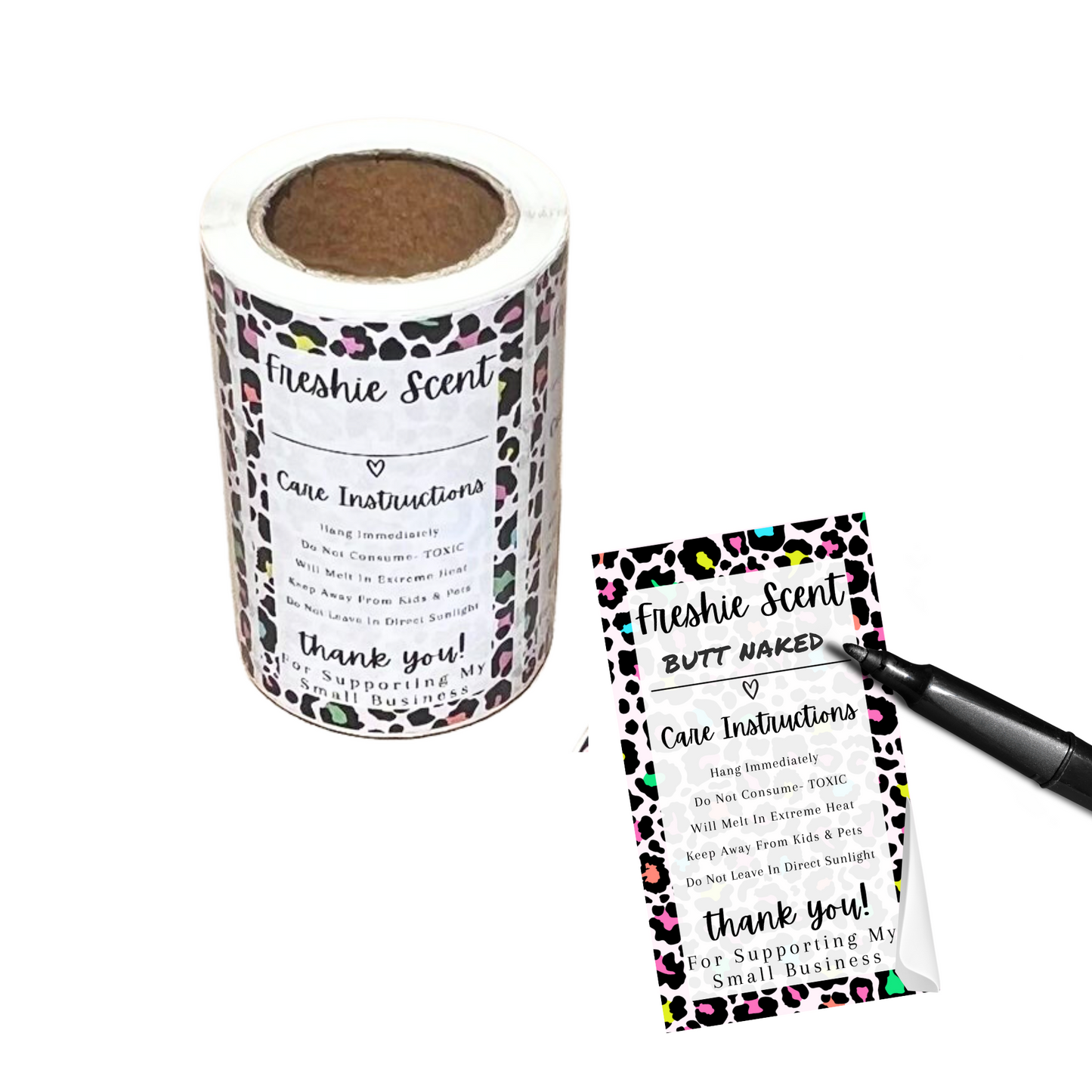 Freshie Warning Care Instruction Card Stickers | 200 Sticker Roll | 2x3.5” Rainbow Leopard