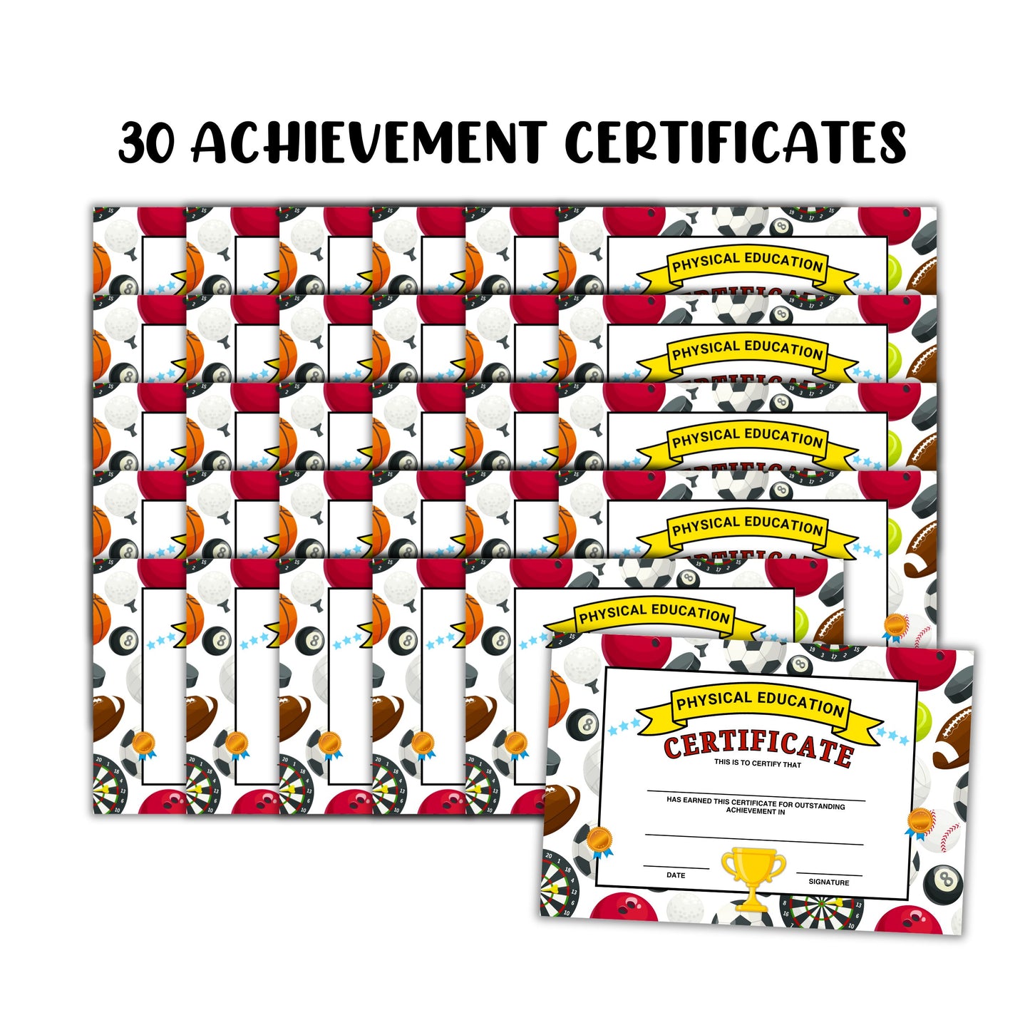 PE Physical Education Class Certificate of Outstanding Achievement 30pk 6x9”