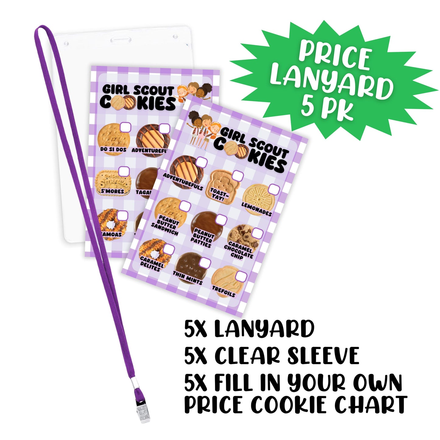 Scout Cookie Price List Reference Girl Cookie Booth Lanyard | 5 pk 4x6” in Clear Sleeve with Purple Lanyard