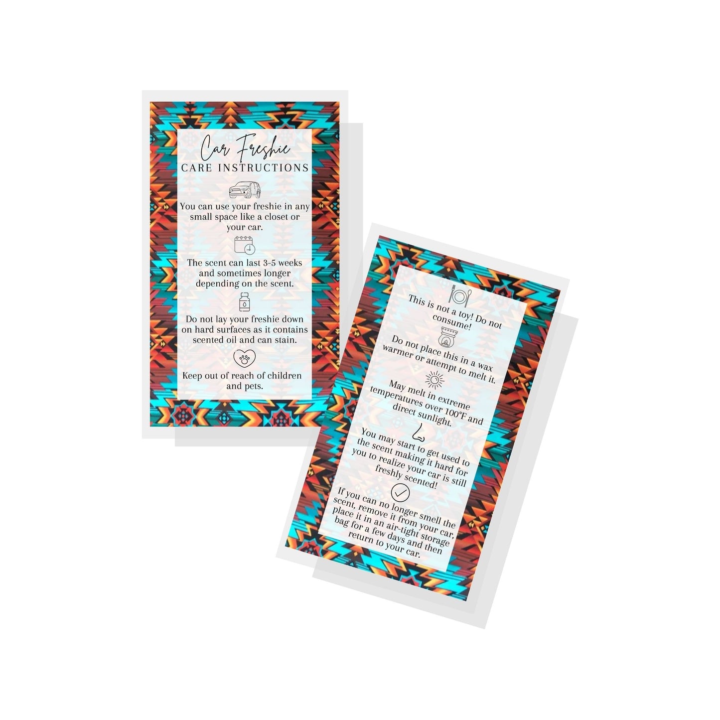 Car Freshie Care Instructions | 50p pack | 2x3.5" inches Business Card | Western Aztec Sarape Design