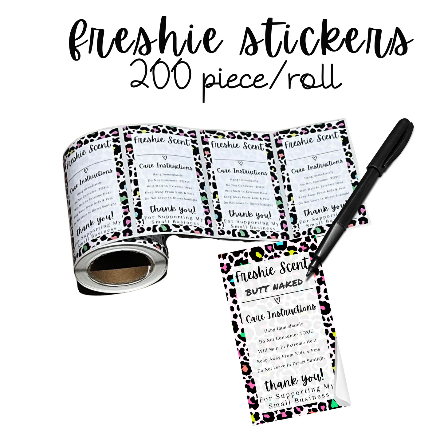 Freshie Warning Care Instruction Card Stickers | 200 Sticker Roll | 2x3.5” Rainbow Leopard