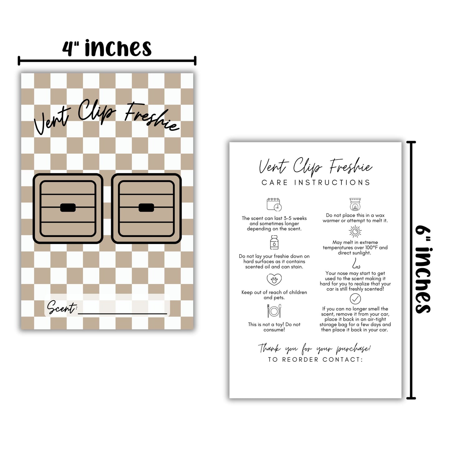 Vent Clip Freshie Package Insert Card with Card Instructions 4x6 - 50 Pack