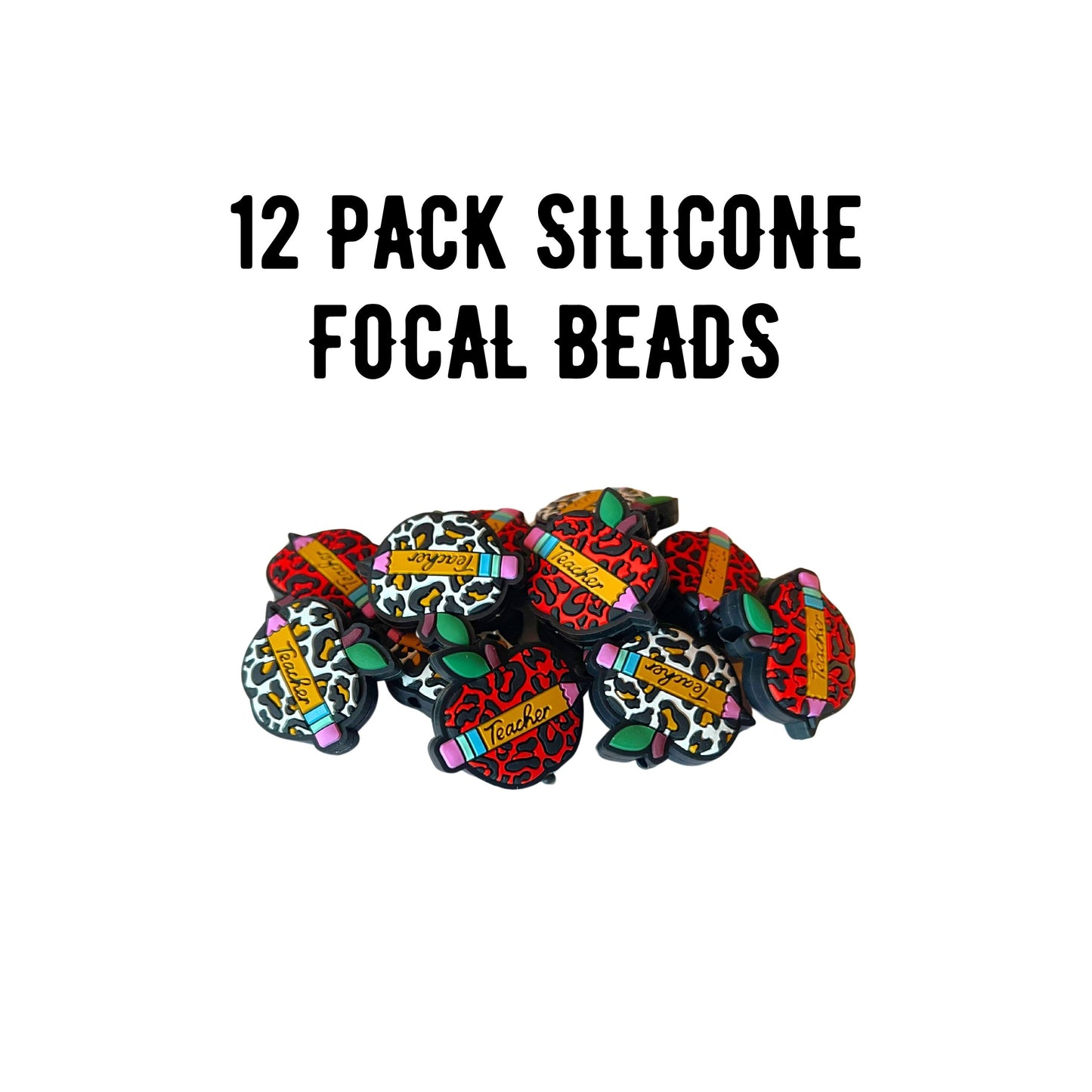 Leopard Apple Teacher Silicone Focal Bead 12pk Mixed