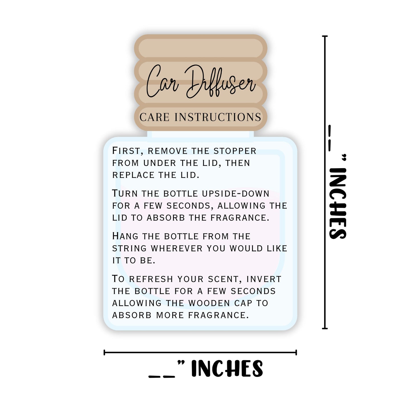 Car Oil Hanging Diffuser Instruction Care Card | 50 Pk 2x3” inches Wooden Bottle Die Cut Shape