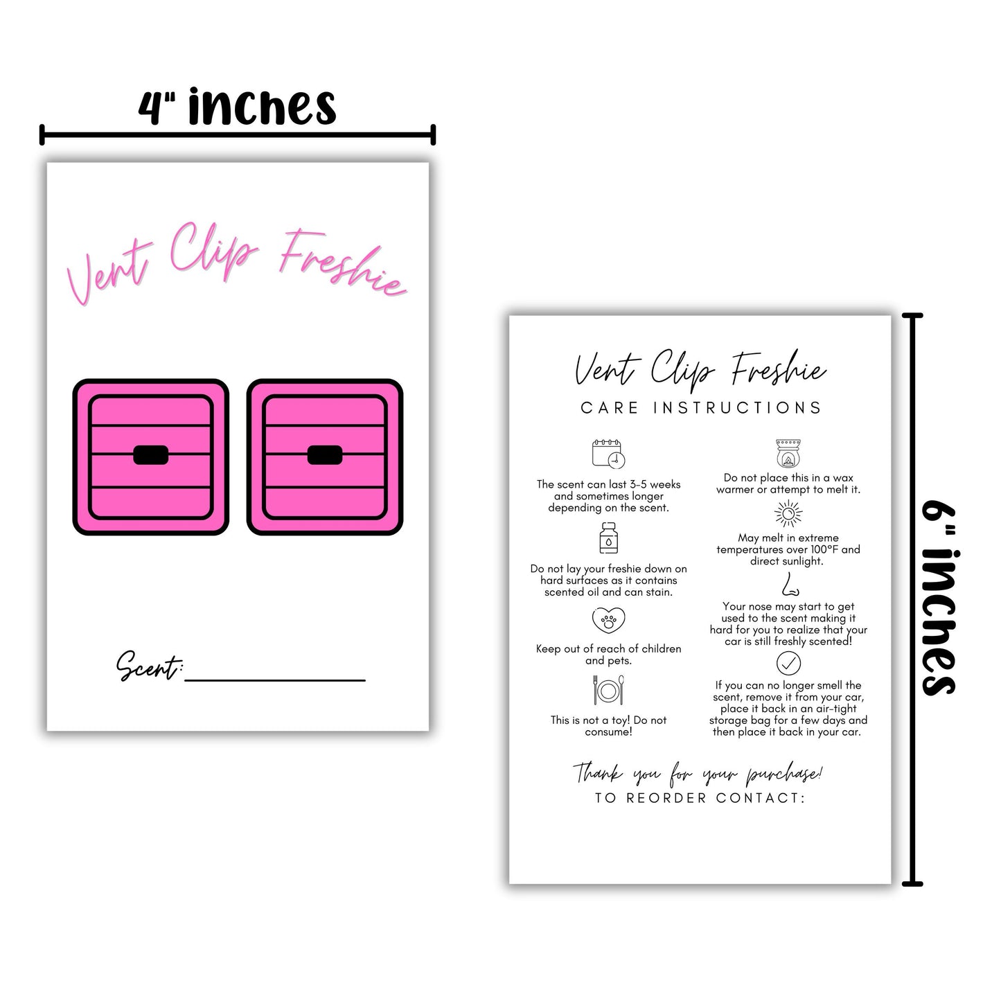 Vent Clip Freshie Package Insert Card with Card Instructions 4x6 - 50 Pack -White and Pink