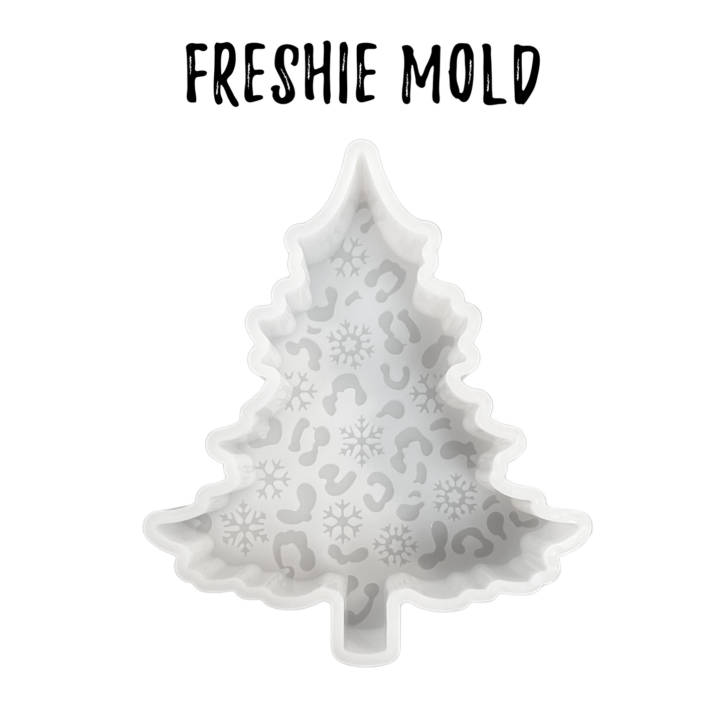 Leopard Christmas Tree with Snowflakes Silicone Mold includes 1 silicone mold in the shape of Leopard Christmas Tree with Snowflakes Freshie Silicone Mold! This mold measures 5" Tall x 4" Wide x 1" Deep, a thick durable quality silicone mold.