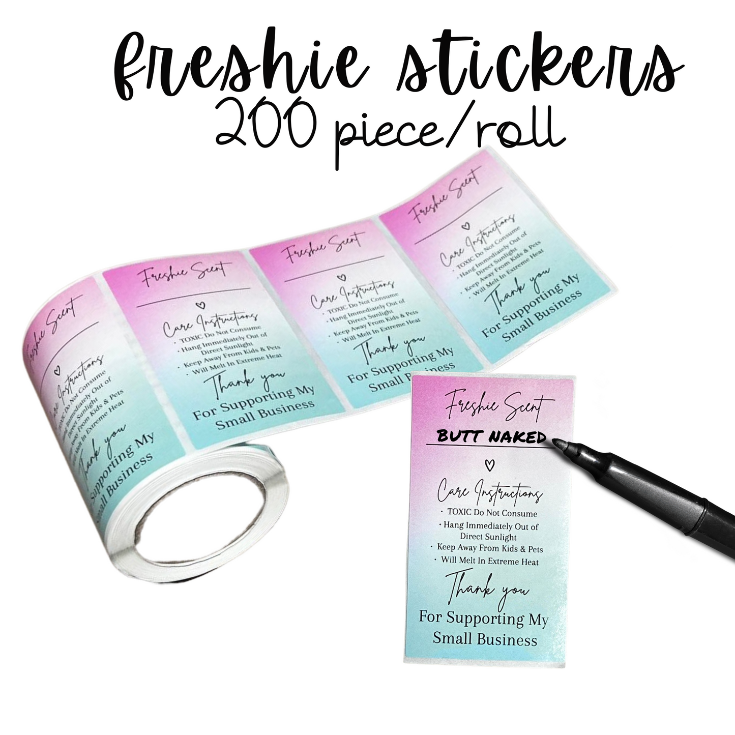 Freshie Warning Care Instruction Card Stickers | 200 Sticker Roll | 2x3.5” | Rainbow Ombre Pink Green