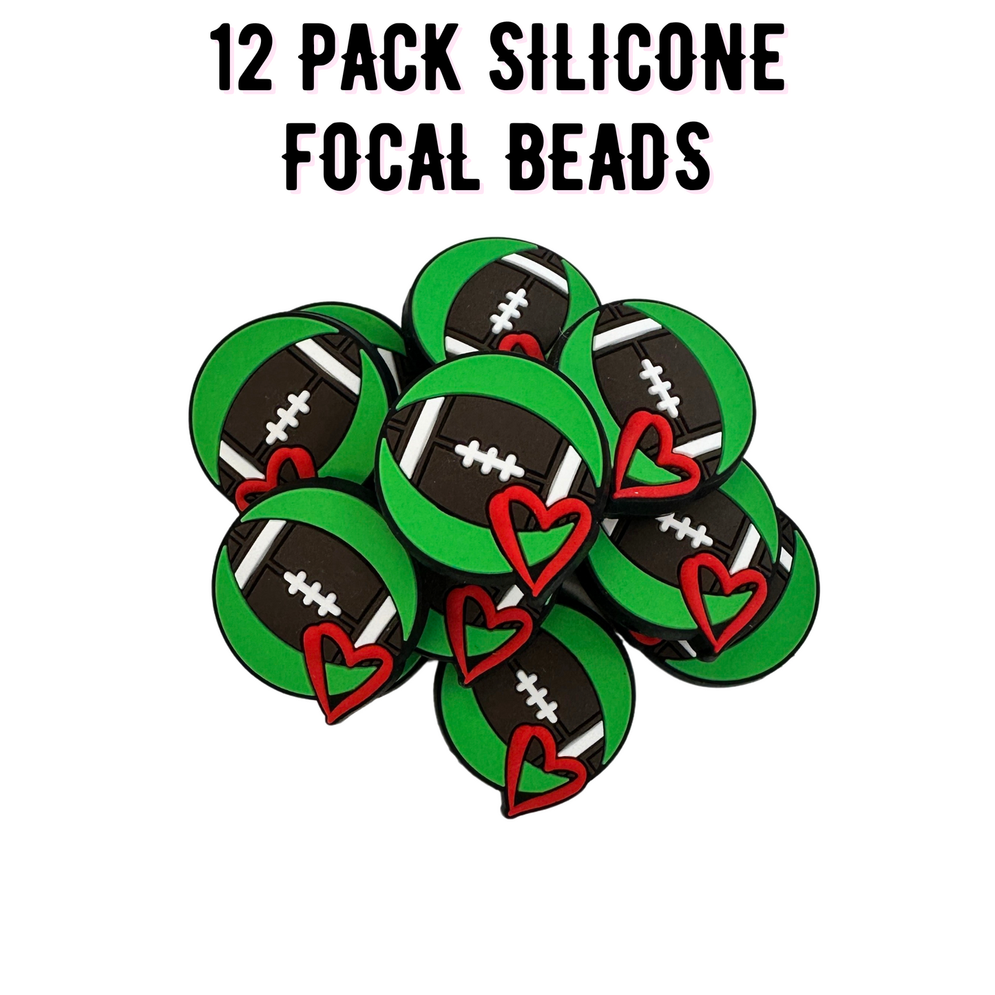 Football with Heart Green Silicone Focal Bead | 12 Pack