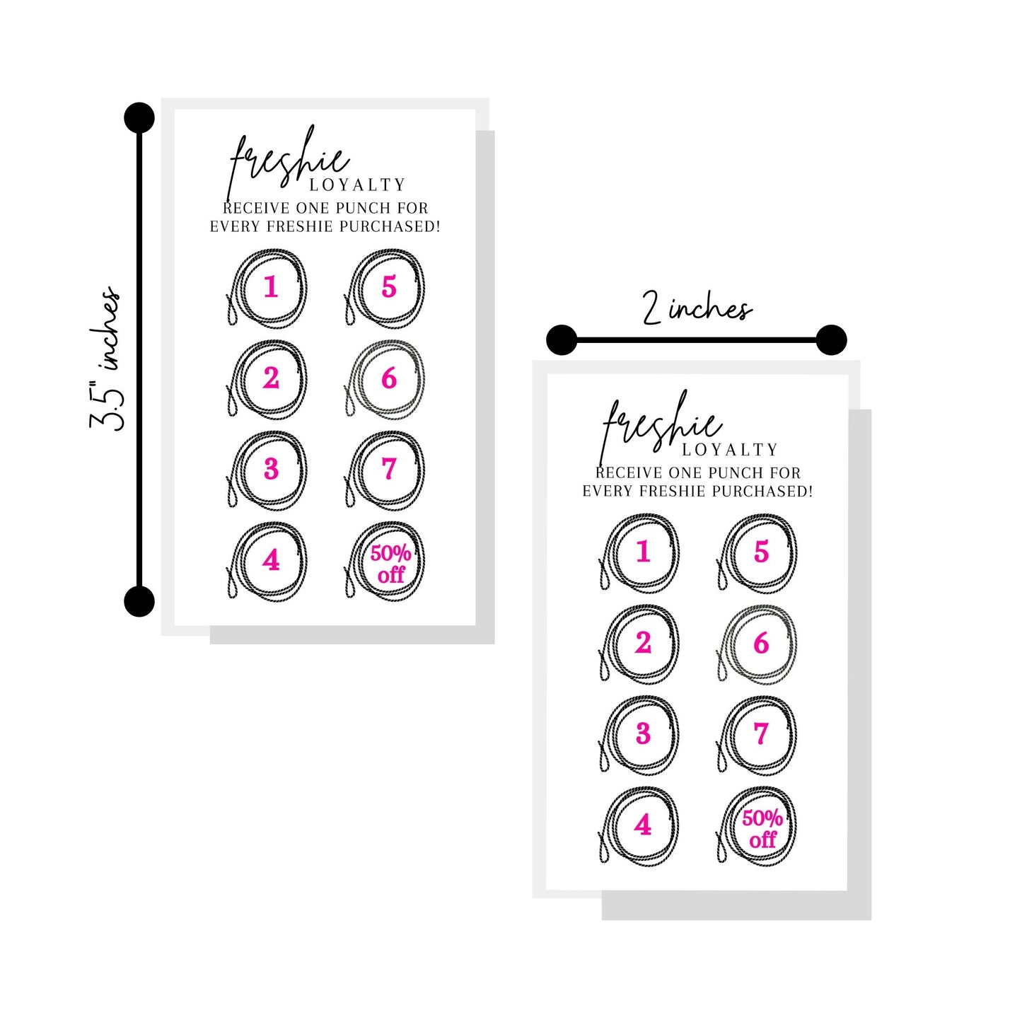 Freshie Loyalty Cards with Rope and Hot Pink | 50 Pack | 2" x 3.5" inches Business Card Size