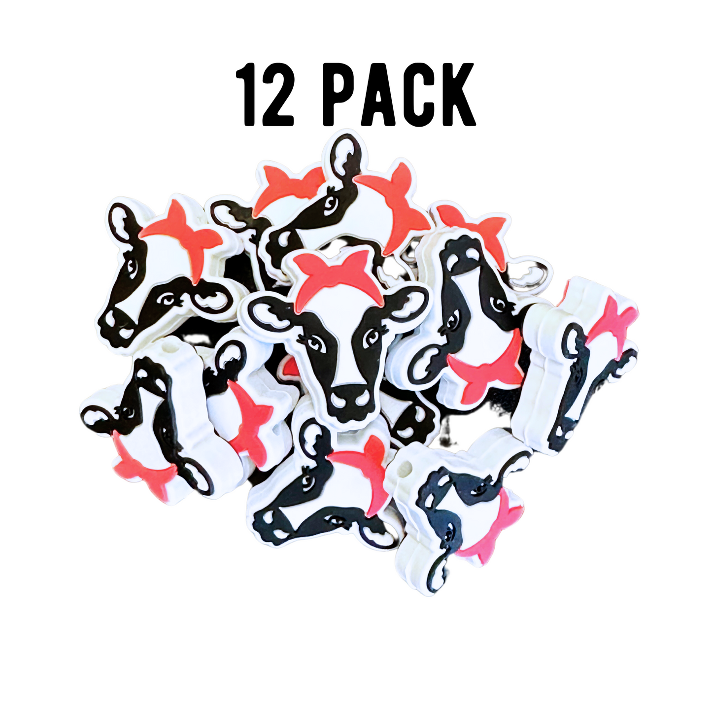 Dairy Cow with Red Bow Silicone Bead | 12 pk