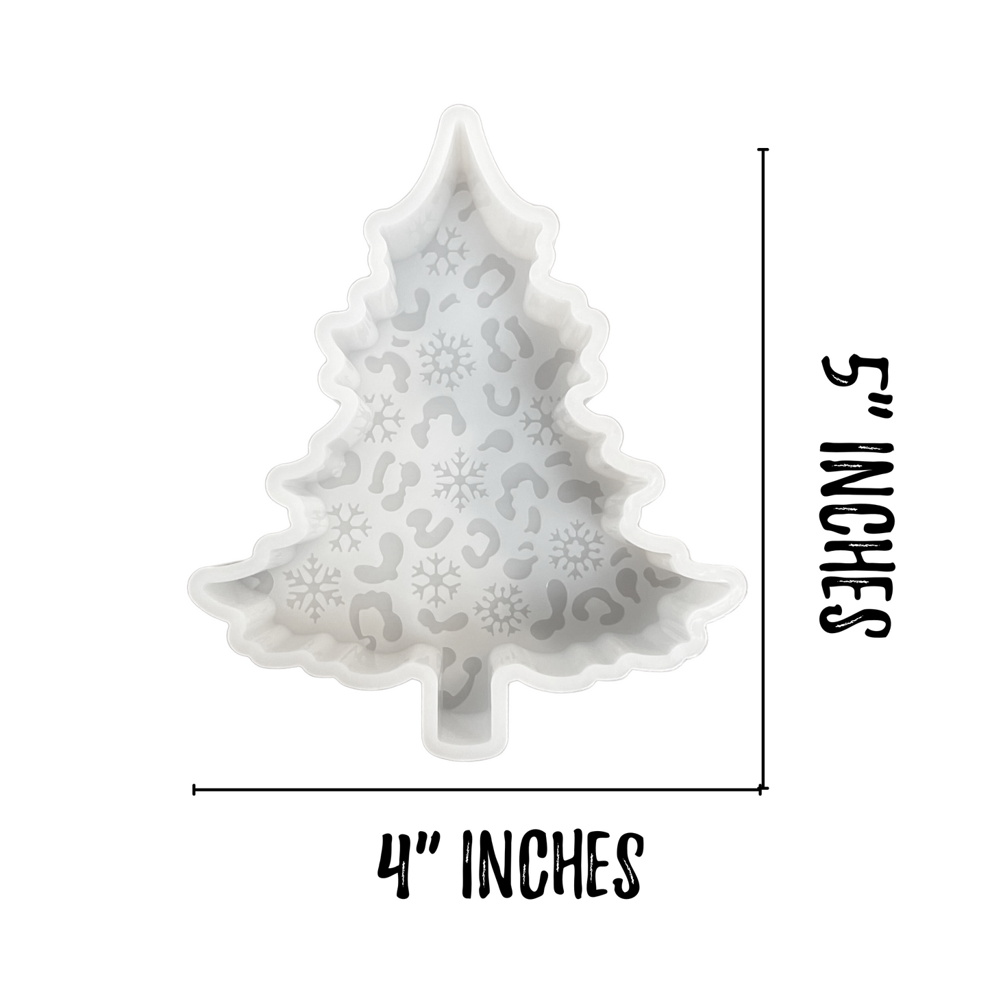 Leopard Christmas Tree with Snowflakes Silicone Mold includes 1 silicone mold in the shape of Leopard Christmas Tree with Snowflakes Freshie Silicone Mold! This mold measures 5" Tall x 4" Wide x 1" Deep, a thick durable quality silicone mold.