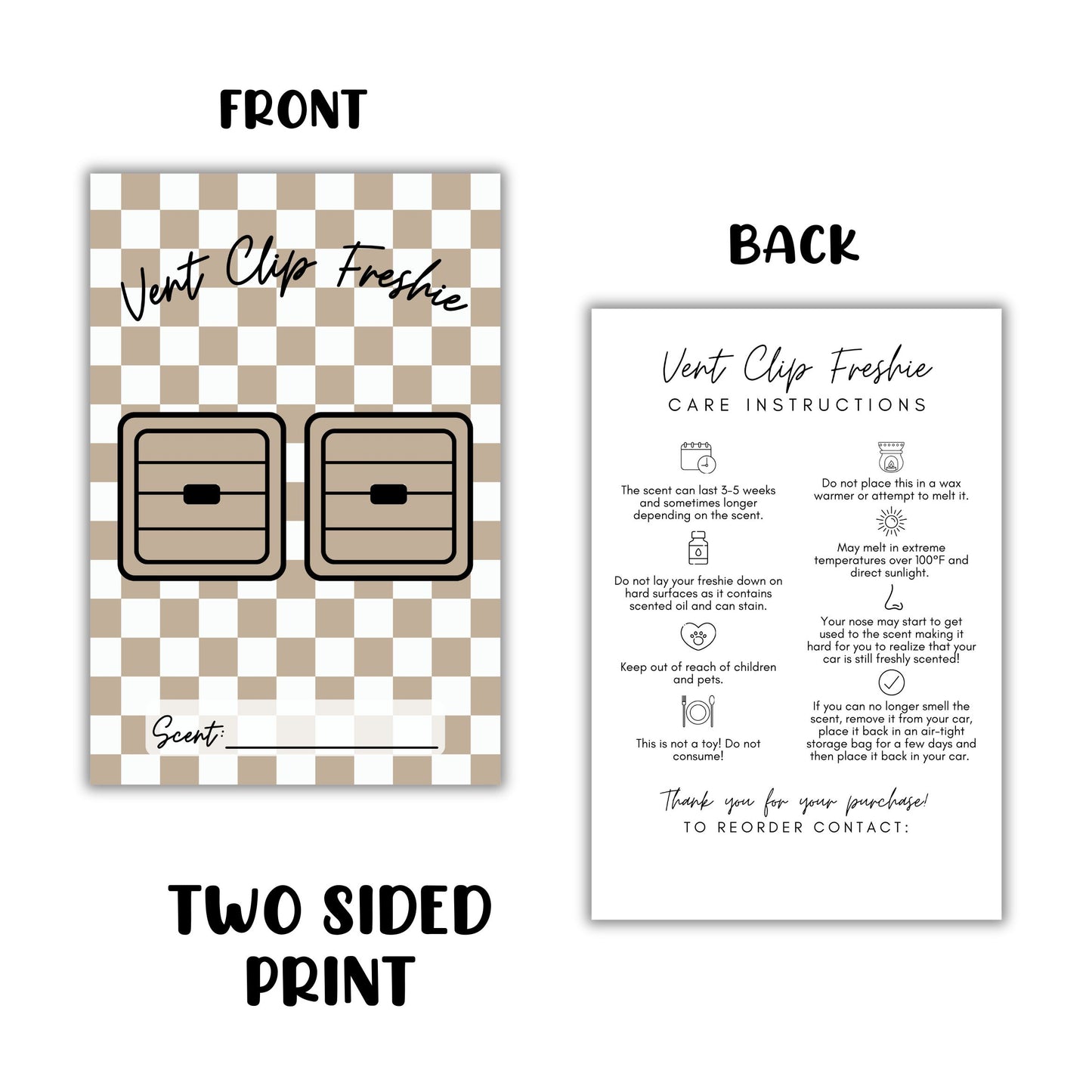 Vent Clip Freshie Package Insert Card with Card Instructions 4x6 - 50 Pack