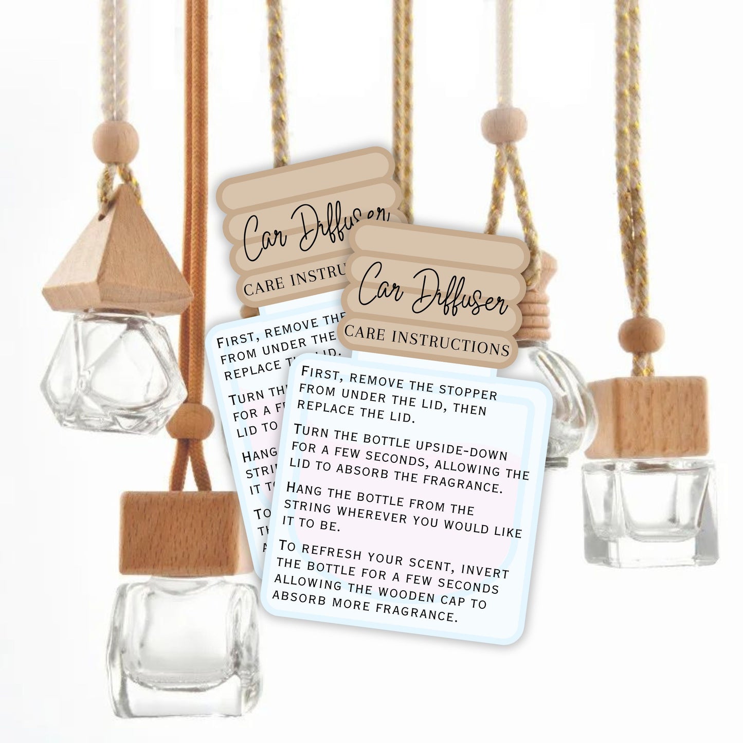 Car Oil Hanging Diffuser Instruction Care Card | 50 Pk 2x3” inches Wooden Bottle Die Cut Shape