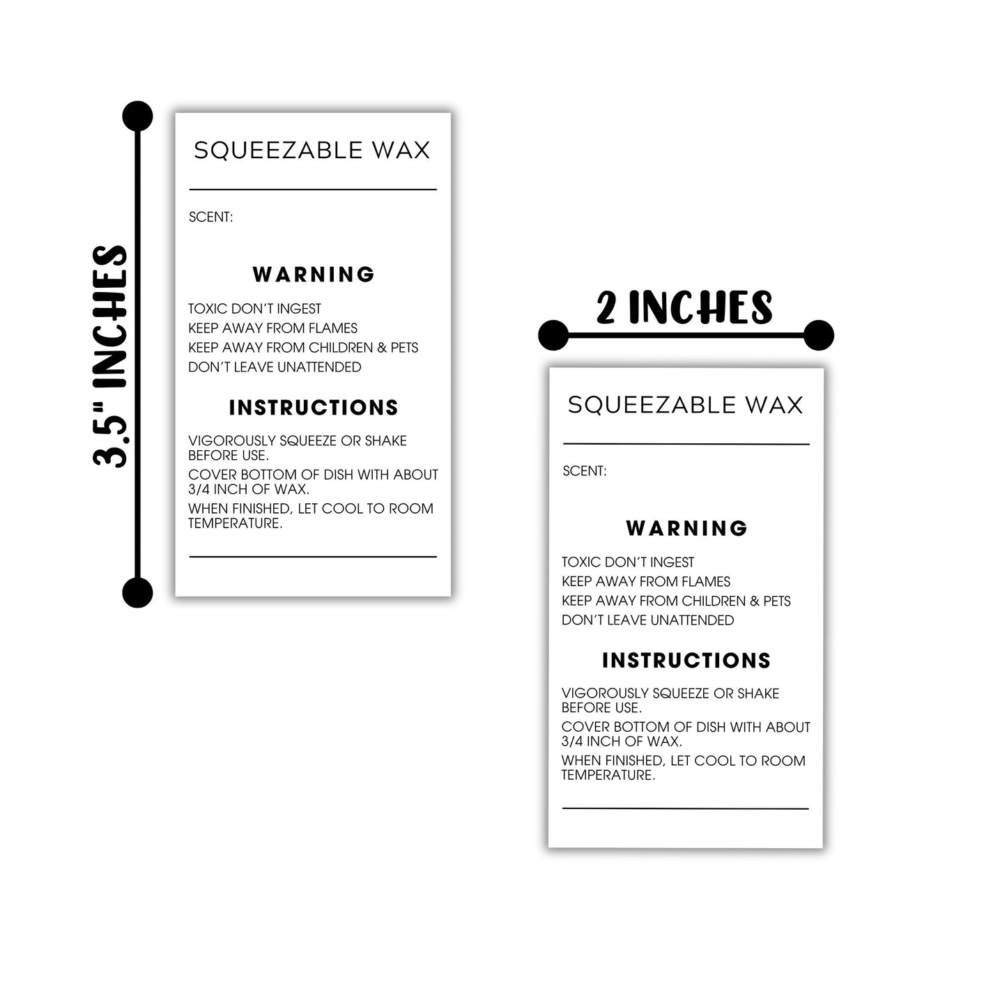 Squeezable Squeezy Wax Instruction Stickers | 250 pc per Roll 2x3.5” Minimalist Warning Labels for Warmer How to Use Liquid Scent Write in