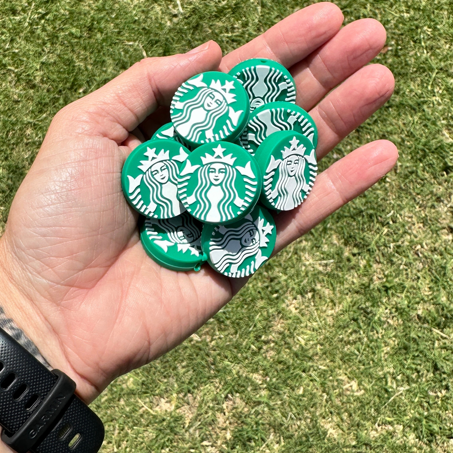Coffee Green Logo Focal Beads Silicone | 12 pk Bulk Wholesale for Freshie String Hangers Beadable Pen Mermaid Circle Badge Clip
