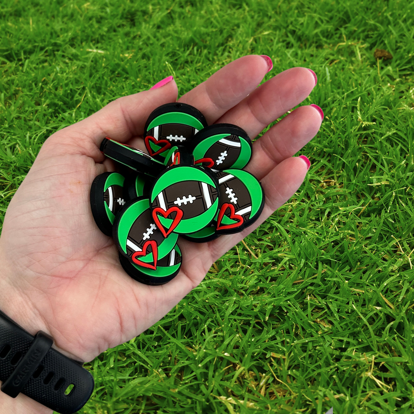 Football with Heart Green Silicone Focal Bead | 12 Pack