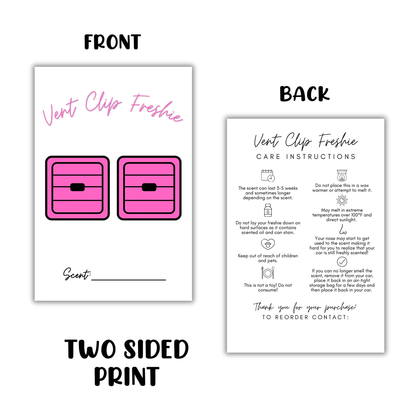 Vent Clip Freshie Package Insert Card with Card Instructions 4x6 - 50 Pack -White and Pink