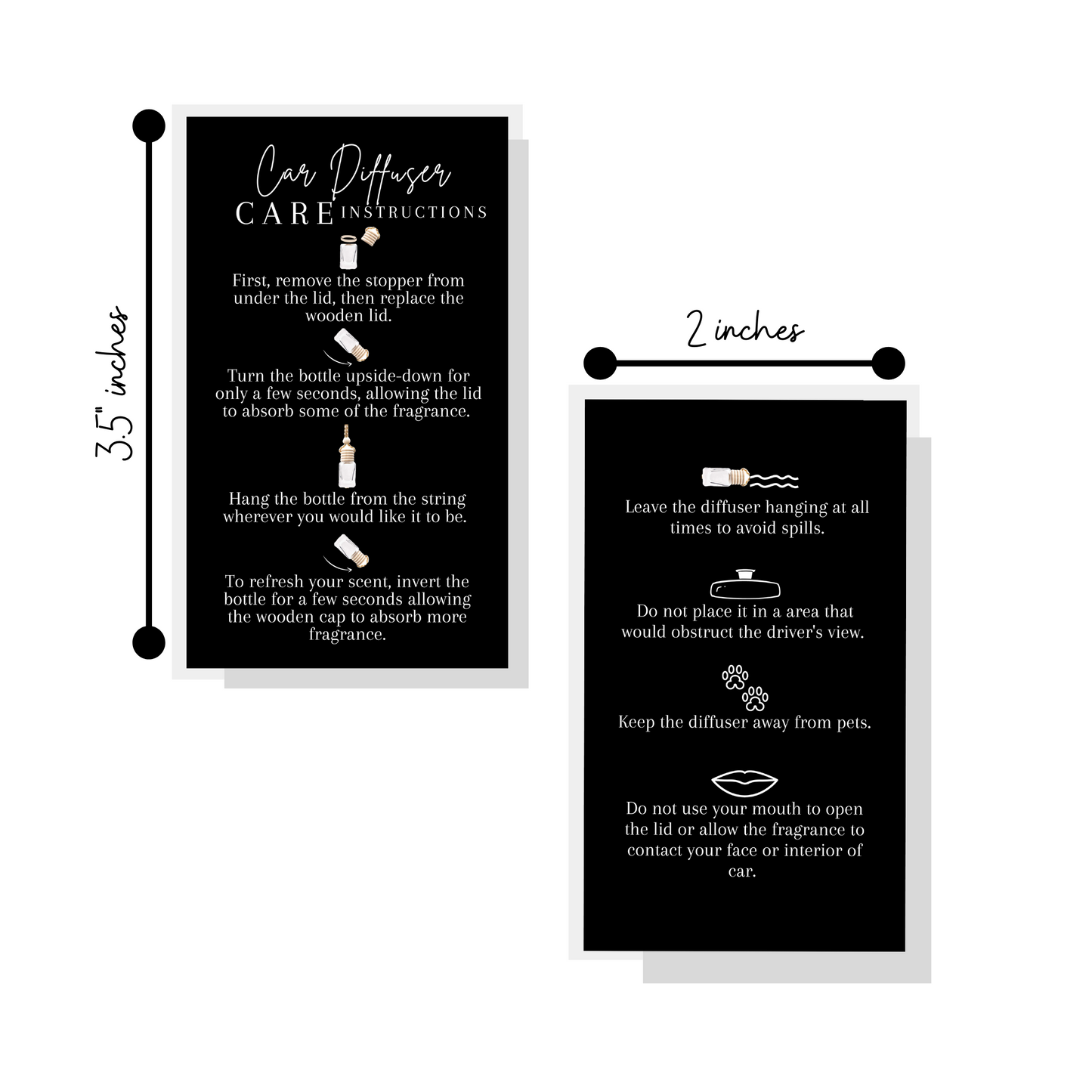 Car Hanging Diffuser Care Card | 50 Pack | Business Card Size 2x3.5" inches