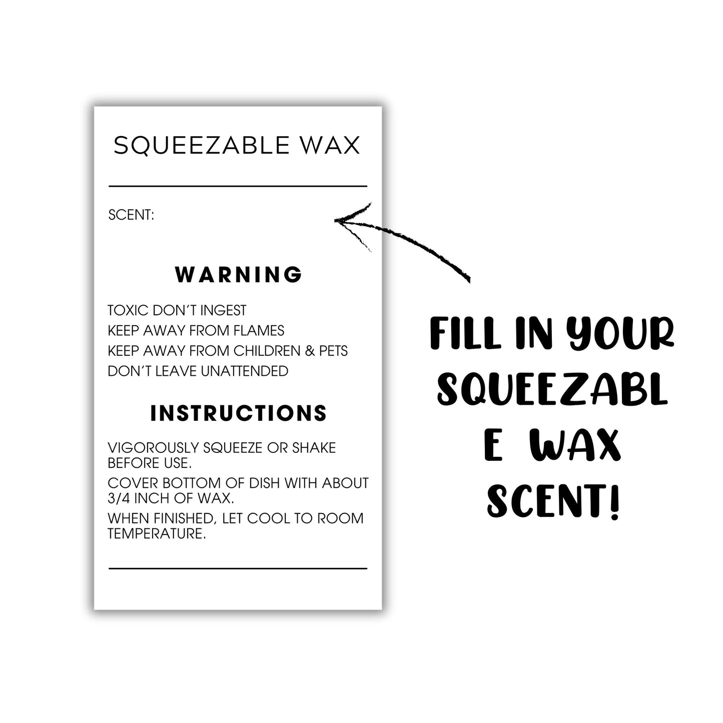 Squeezable Squeezy Wax Instruction Stickers | 250 pc per Roll 2x3.5” Minimalist Warning Labels for Warmer How to Use Liquid Scent Write in