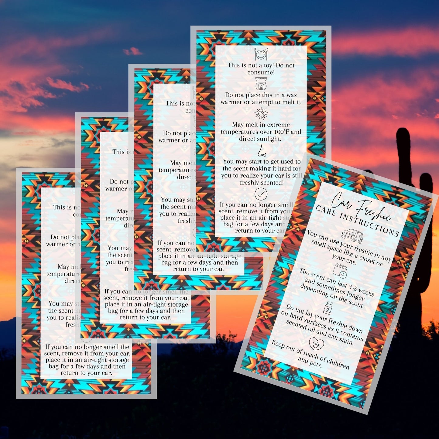 Car Freshie Care Instructions | 50p pack | 2x3.5" inches Business Card | Western Aztec Sarape Design