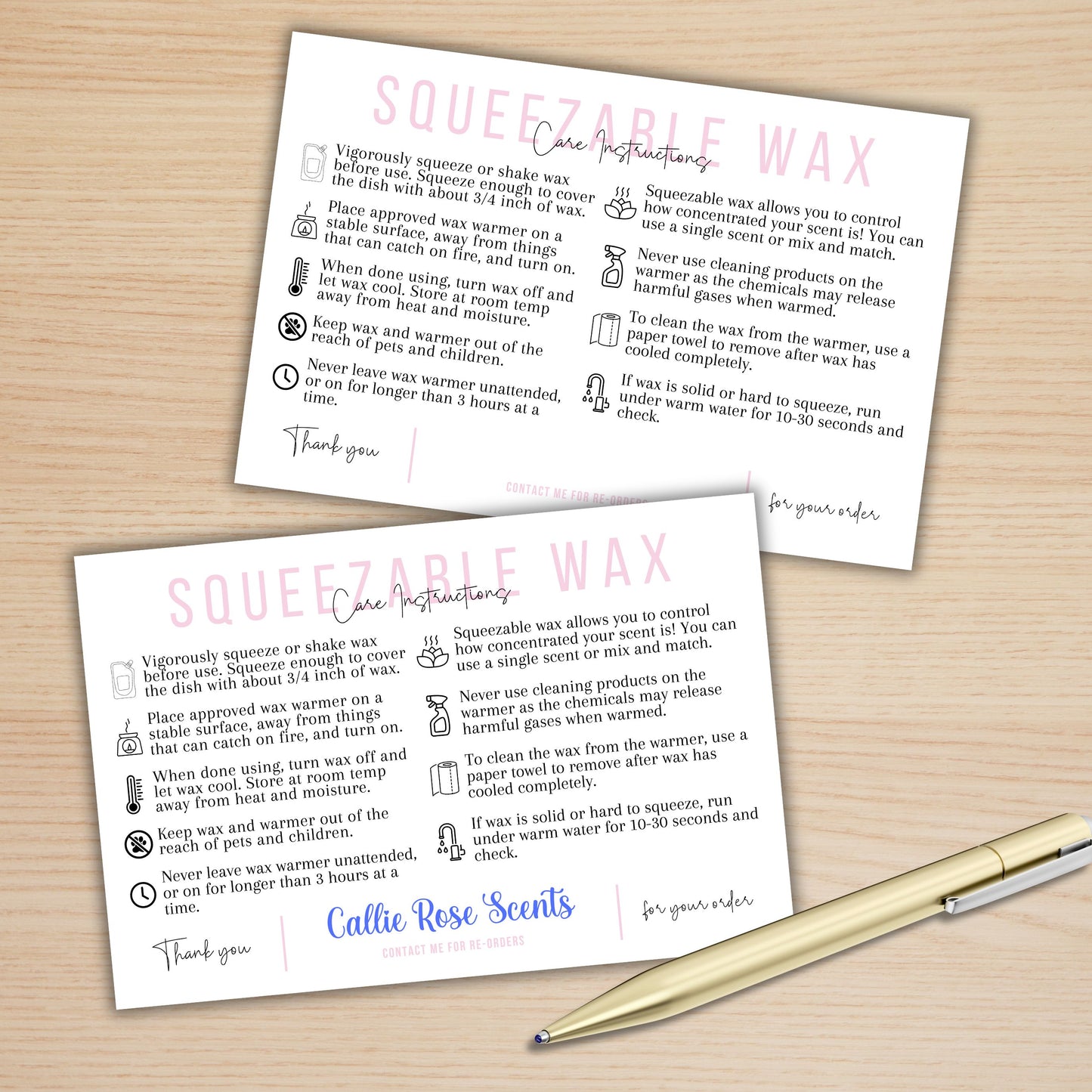 Squeezy Squeezable Wax Bottle Care Instruction Cards | 30 pk 4x6”