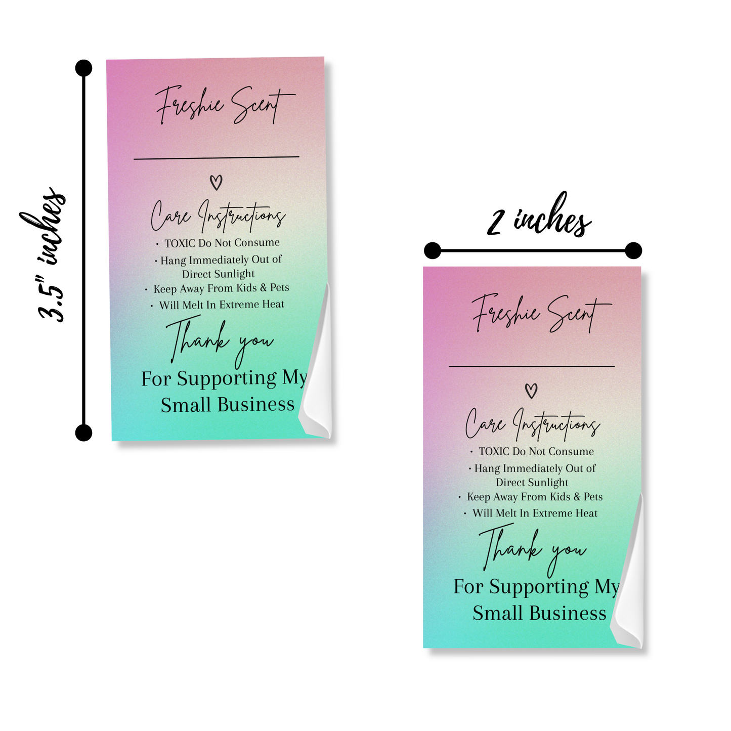 Freshie Warning Care Instruction Card Stickers | 200 Sticker Roll | 2x3.5” | Rainbow Ombre Pink Green