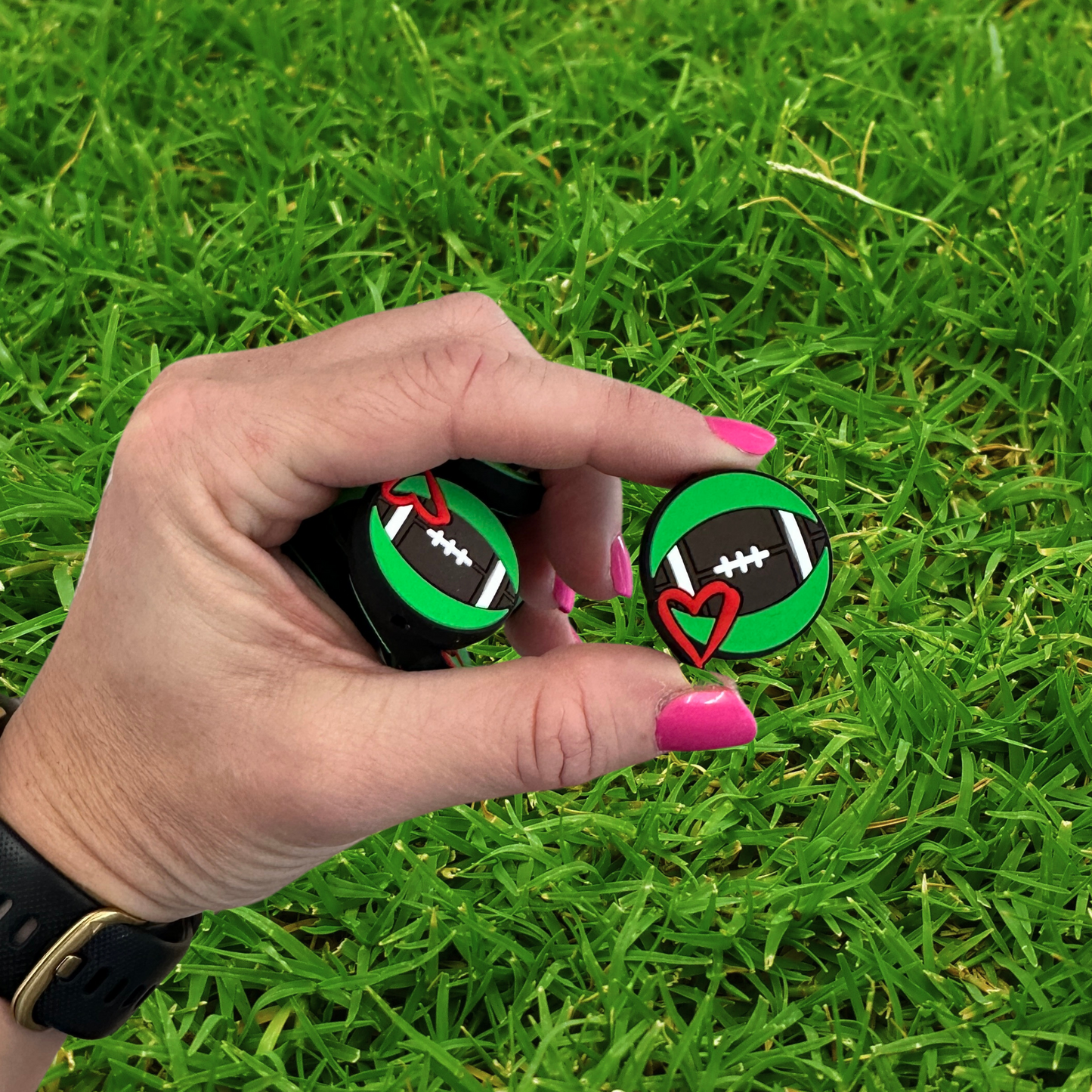 Football with Heart Green Silicone Focal Bead | 12 Pack