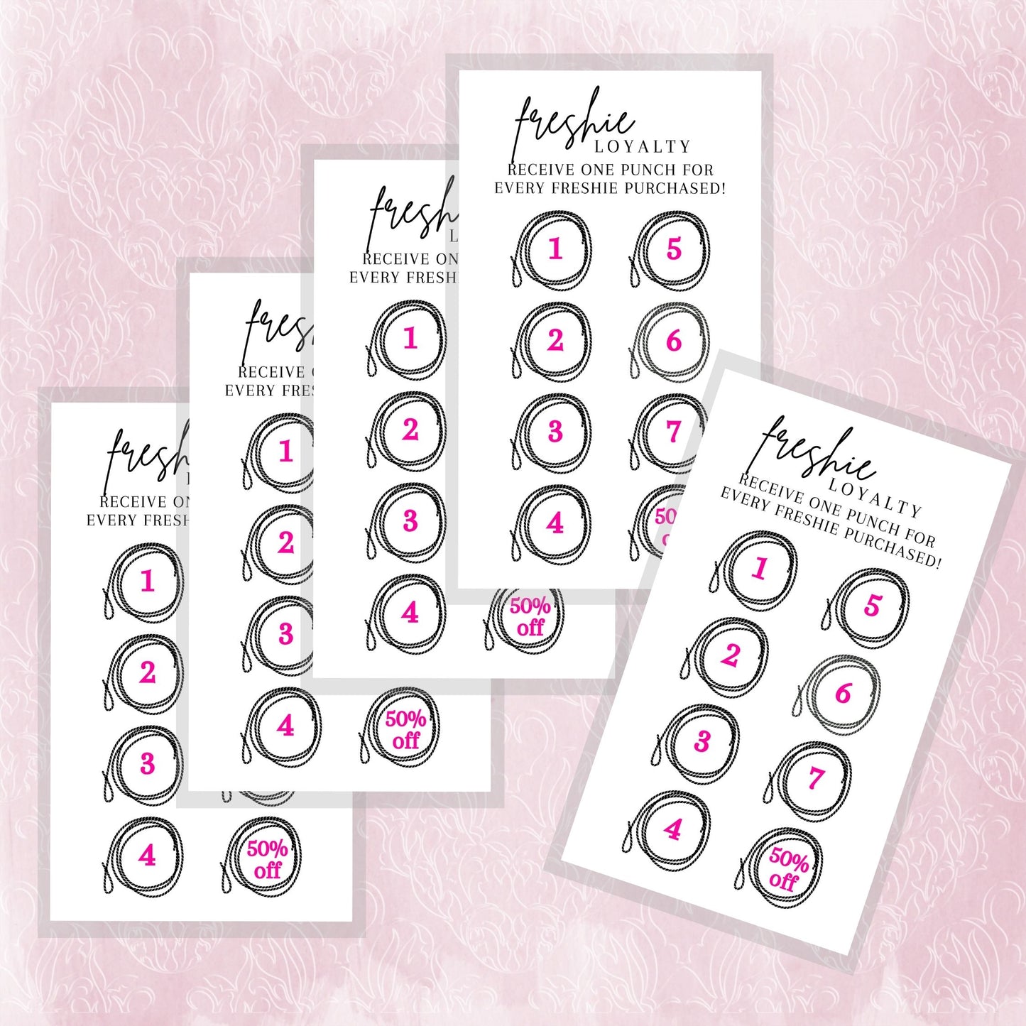 Freshie Loyalty Cards with Rope and Hot Pink | 50 Pack | 2" x 3.5" inches Business Card Size