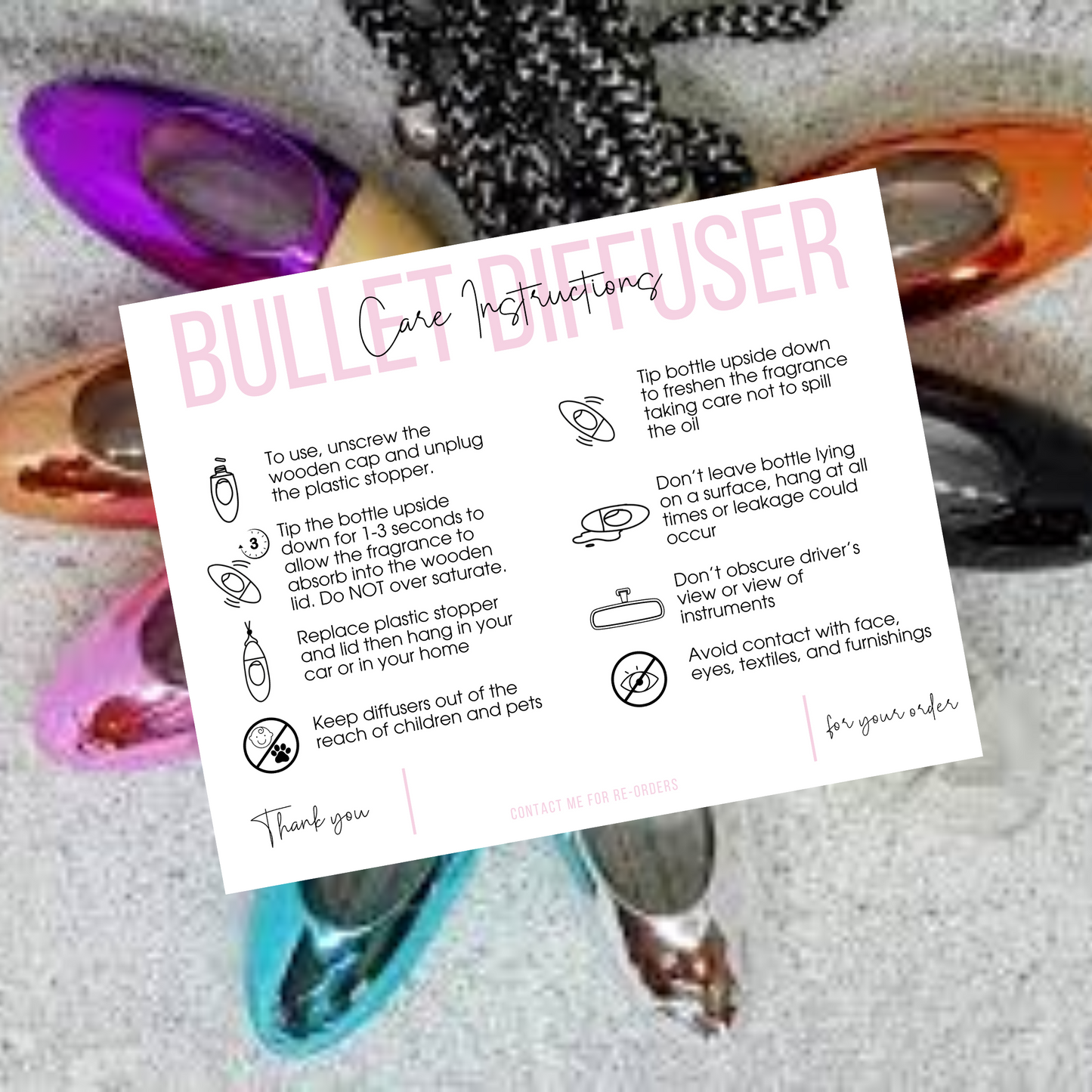 Bullet Car Oil Diffuser Care Instruction Card | 4.25x5.5”