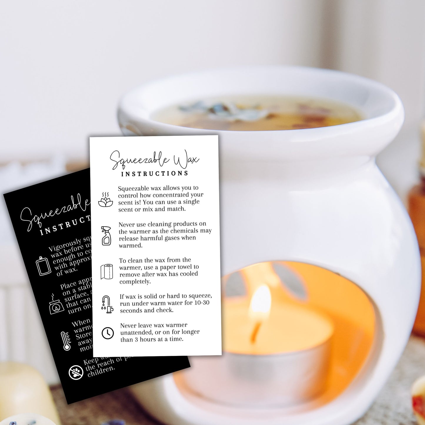 Squeezy Squeezable Wax Bottle Care Instruction Cards | 50 pk 3.5 x 2”