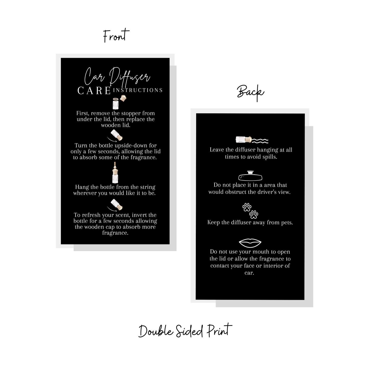 Car Hanging Diffuser Care Card | 50 Pack | Business Card Size 2x3.5" inches