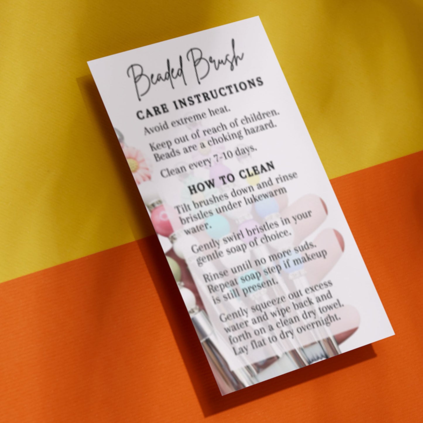 Beaded Makeup Brush Care Instructions & How To Clean Cards | 50 pk 2x3.5”