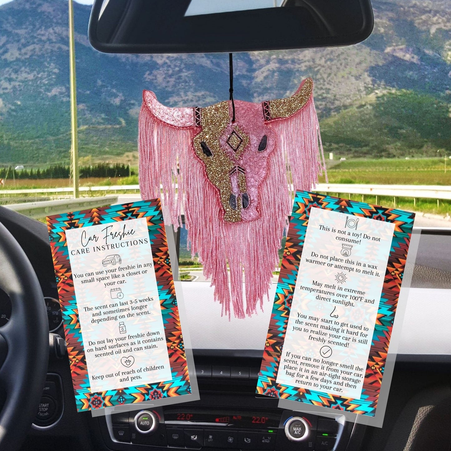 Car Freshie Care Instructions | 50p pack | 2x3.5" inches Business Card | Western Aztec Sarape Design