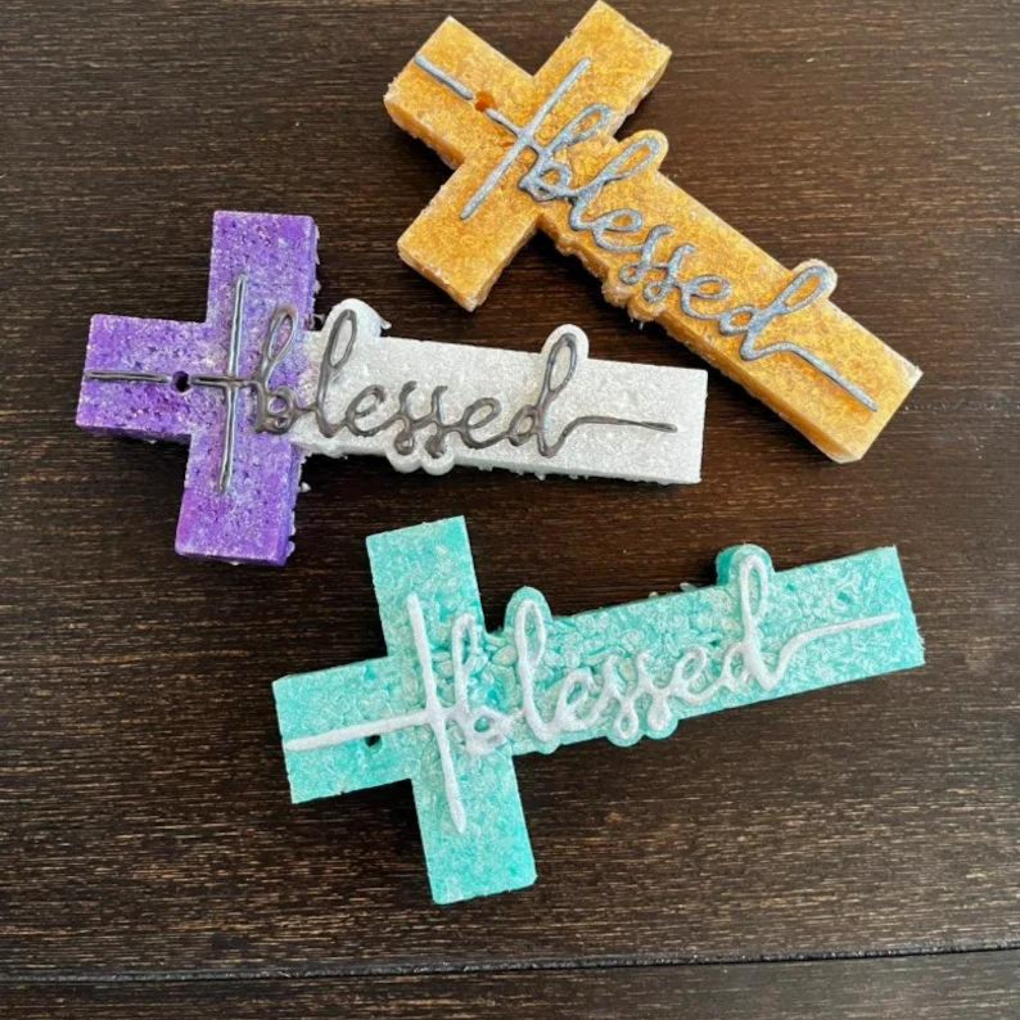 Cross with Blessed in Cursive Silicone Mold