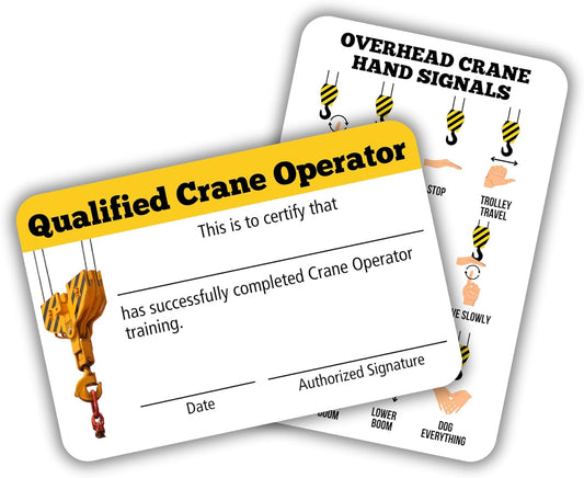 Qualified Crane Operator Certification Card | 5 pk 3.5x2.25” Plastic Wallet Training Certificate Fill in Name Completion Hard Hat OSHA Checklist Bulk ID Tag Overhead Crane Hand Signals