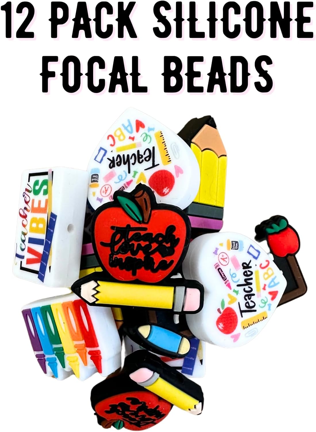 Teacher Vibes Pencil Ruler Silicone Focal Bead Set | 12 Pc Mixed Pack