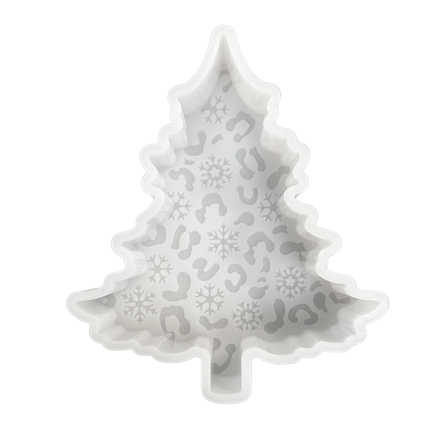 Leopard Christmas Tree with Snowflakes Silicone Mold includes 1 silicone mold in the shape of Leopard Christmas Tree with Snowflakes Freshie Silicone Mold! This mold measures 5" Tall x 4" Wide x 1" Deep, a thick durable quality silicone mold.