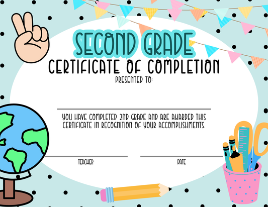 2nd Second Grade Certificate of Completion Graduation Diploma 30pk 8.5x11