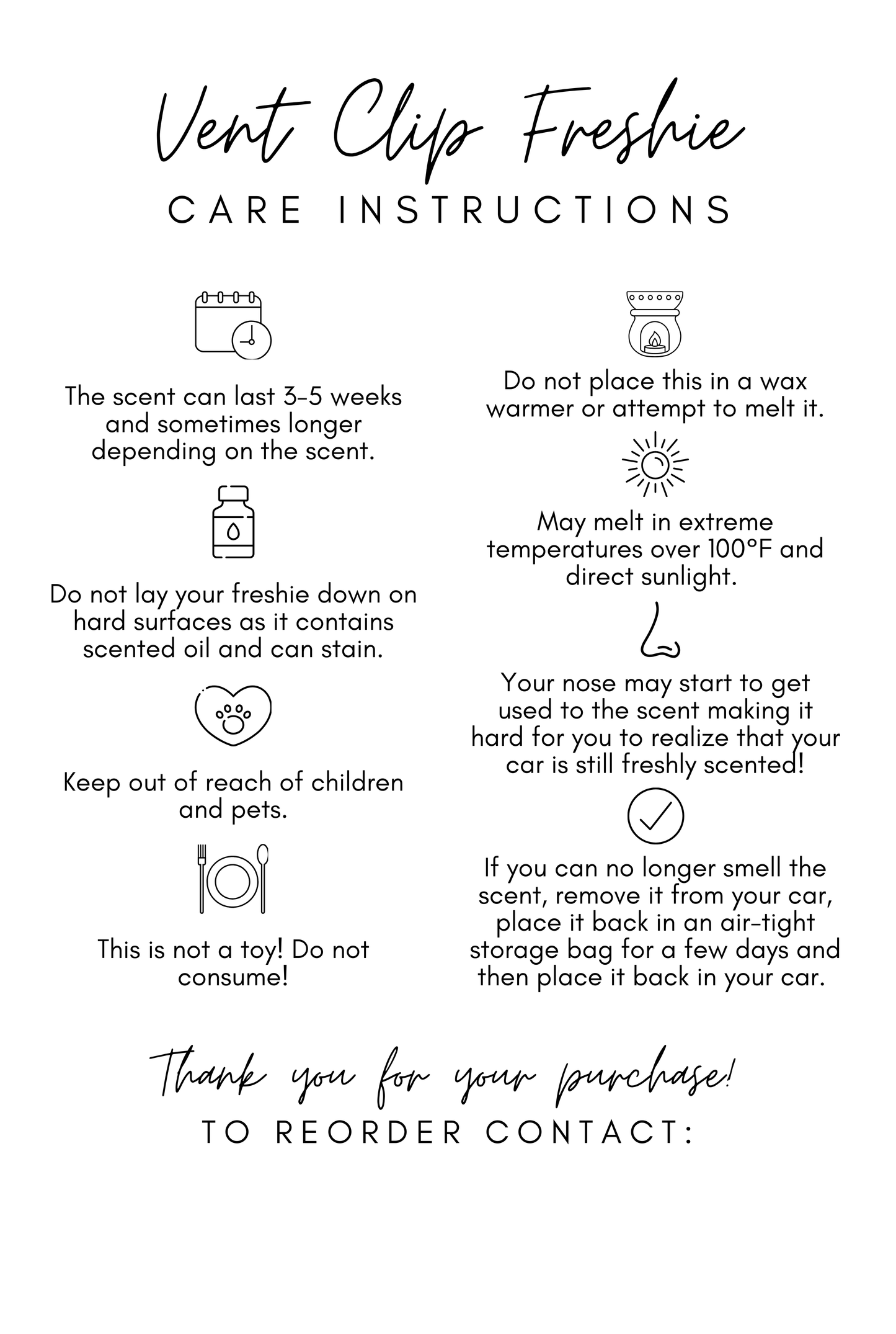 Vent Clip Freshie Package Insert Card with Card Instructions 4x6 - 50 Pack